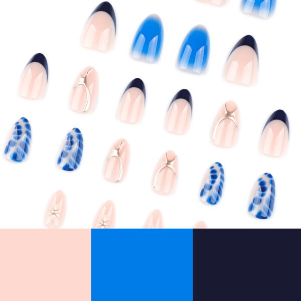 JP4033-Serene Blue Water Marble French Press Ons | Effortless Almond Nails