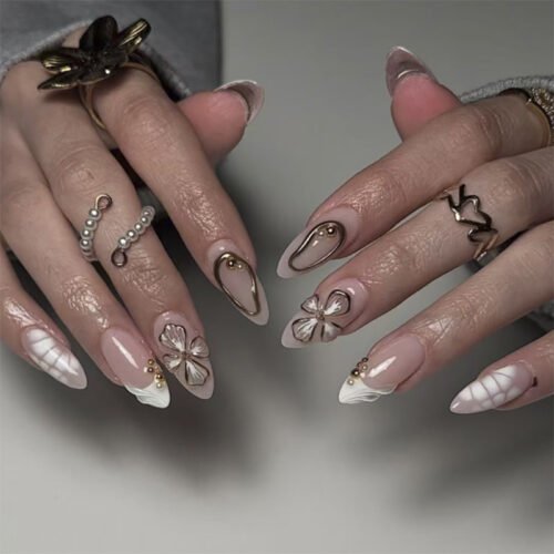 JP4053-Elevate Every Day: Reusable French Nail Perfection with Blooming Charm