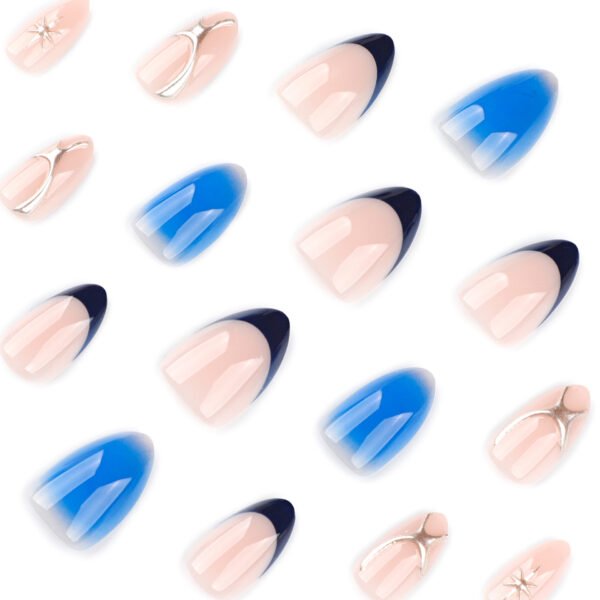 JP4033-Serene Blue Water Marble French Press Ons | Effortless Almond Nails