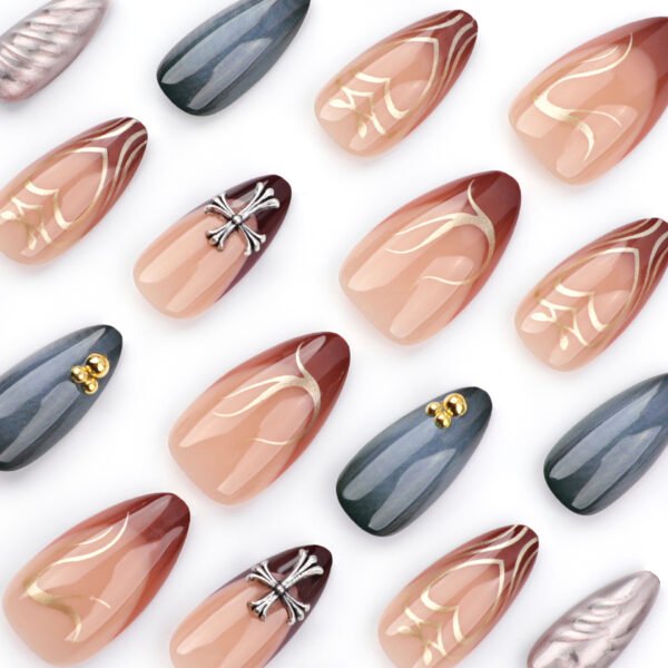 JP3533-Fall's Elevated Minimalist: Coffee-Brown French Tips with Abstract Gold & 3D Cross ✨