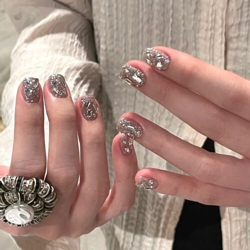GN040-Effortless Glamour Press Ons: Full Coverage Glitter & Beads - Pure Pink Desire ​​Salon Sparkle in 5 Minutes: 30-Piece Set, Reusable & Waterproof​