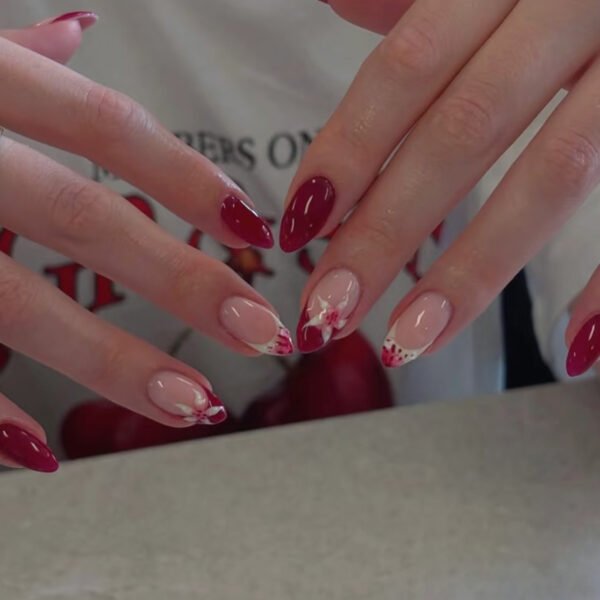 JL0666-​Luxury Bordeaux French Almond Press On Nails | 3D Velvet Rose Designs | Reusable Waterproof False Nail Kit​