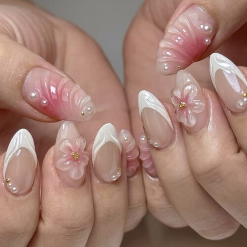 JP4022-Blush Bloom Elegance: Soft French Press Ons with 3D Flowers & Pearls