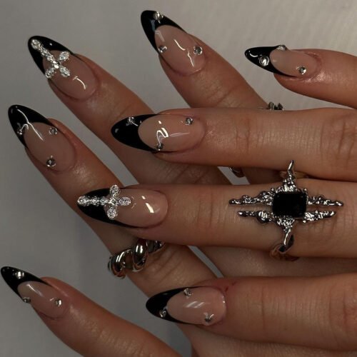 JP3539-Bold & Mysterious: Reusable Black French Press Ons w/ Diamond Crosses ✨✟