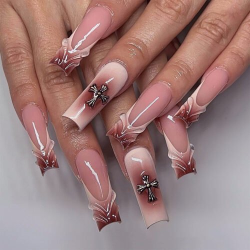 JP3522-Dark Academia Nails: Medieval Cross Press Ons with Antique Leather Ombré