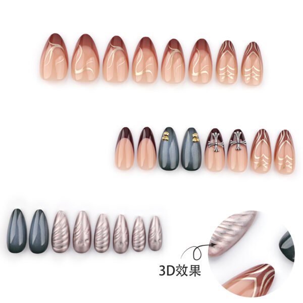 JP3533-Fall's Elevated Minimalist: Coffee-Brown French Tips with Abstract Gold & 3D Cross ✨