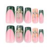 JP3521-Opulent French Press On Nails: Emerald Haze & Gothic Gold Crosses for Effortless Drama