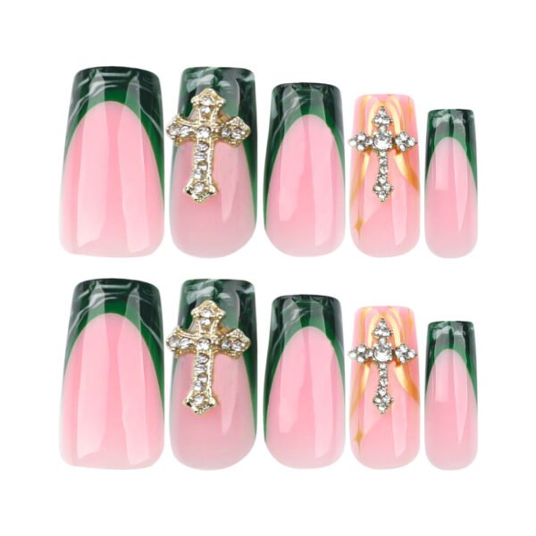 O1CN01ZAw9KZ2NGHuR07zC7_!!4234819935-0-cib JP3521-Opulent French Press On Nails: Emerald Haze & Gothic Gold Crosses for Effortless Drama