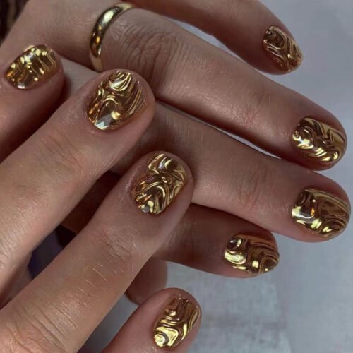 JP3382-Instant Golden Glam: Reusable 3D Gold Foil French Short Press-Ons 💫