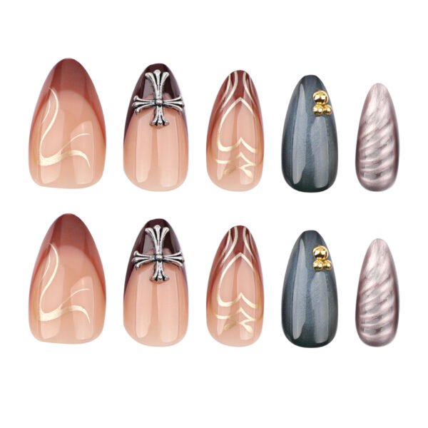 JP3533-Fall's Elevated Minimalist: Coffee-Brown French Tips with Abstract Gold & 3D Cross ✨