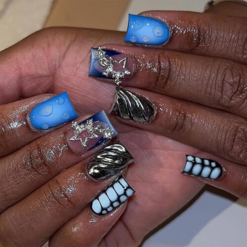 JP3507-Dive into Ocean Luxury: Reusable Wave French Tips with Shimmering Stars (Salon-Worthy & Waterproof!)