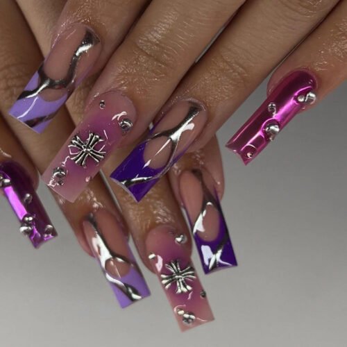 JP3486-Gothic Glow: Amethyst French Tips with Chrome Hearts & Silver Chains 🖤