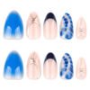 JP4033-Serene Blue Water Marble French Press Ons | Effortless Almond Nails