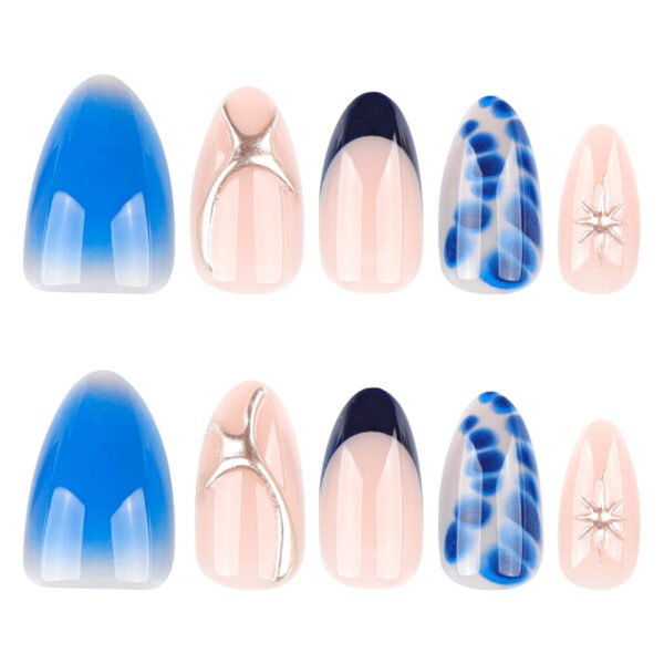 JP4033-Serene Blue Water Marble French Press Ons | Effortless Almond Nails