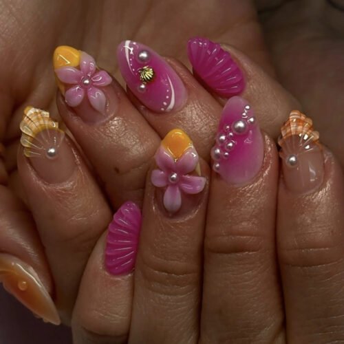 JP3902-Luxury French Medium Square Press On Nails - Reusable Pink Floral Manicure Set | Easy Fake Nails Salon Alternative