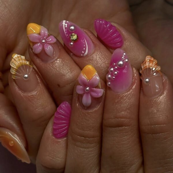 JP3902-Luxury French Medium Square Press On Nails - Reusable Pink Floral Manicure Set | Easy Fake Nails Salon Alternative