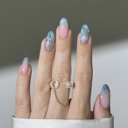 JP3904-Liquid Ribbon Nails: French Tips with 3D Waves & Cat Eye Shine