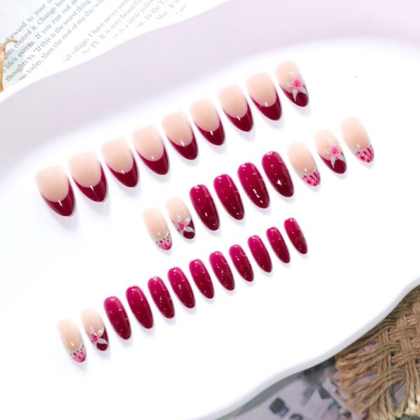 JL0666-​Luxury Bordeaux French Almond Press On Nails | 3D Velvet Rose Designs | Reusable Waterproof False Nail Kit​