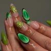 JP3477-Slice of Paradise: Tropical French Almond Press-On Nails with 3D Blooms (Jade Green, 30-Piece Set) ✨🌺
