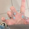 SP165-Nautical Chic: Royal Blue Cat Eye French Tips with 3D Butterfly Charms ✨