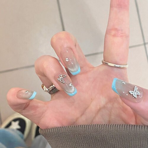 SP165-Nautical Chic: Royal Blue Cat Eye French Tips with 3D Butterfly Charms ✨