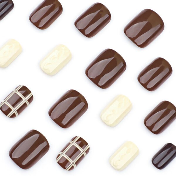 JP3623-Embrace Cozy Elegance: Deep Brown Plaid French Press On Nails for Fall 🍂✨