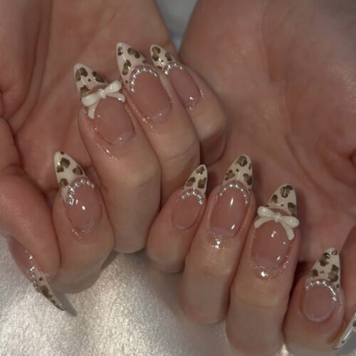JP4057-Designer French Almond Press On Nails with Leopard Print & Pearl Accents | Reusable 3D Bow Falsies Kit | Waterproof Salon-Grade Manicure​