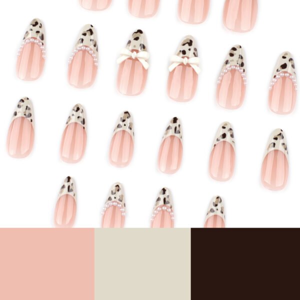 O1CN01j7Z32b2NGHzjY2iNK_!!4234819935-0-cib JP4057-Designer French Almond Press On Nails with Leopard Print & Pearl Accents | Reusable 3D Bow Falsies Kit | Waterproof Salon-Grade Manicure
