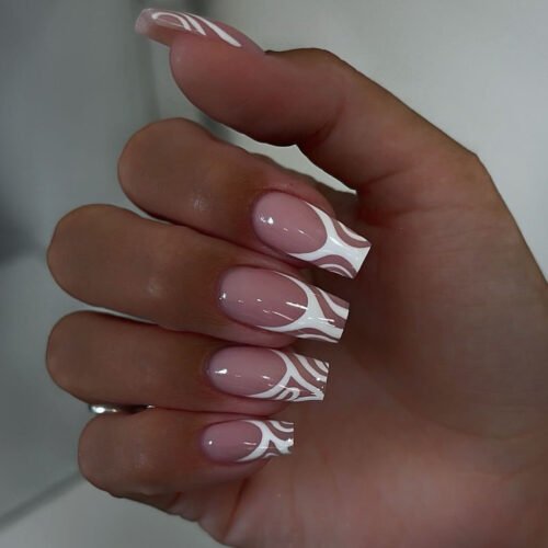 JP3545-Effortless Gallery Chic: Pink Square French Nails with Abstract Strokes ✨