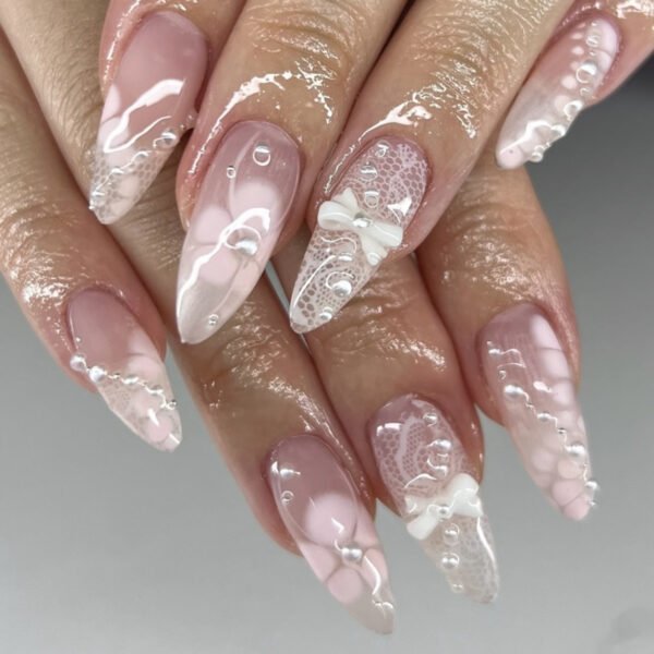 O1CN01lLsRH62NGHzczKlFu_!!4234819935-0-cib JP3857-Designer Short Almond Press On Nails | Reusable Bridal Style Falsies | 3D Bow & Floral Waterproof Manicure