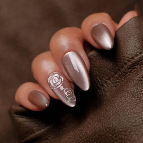 JP3994-Luxury Autumn French Almond Press On Nails with 3D Rose Designs | Cat Eye Glitter Falsies Kit | Reusable Waterproof Salon-Grade Manicure​