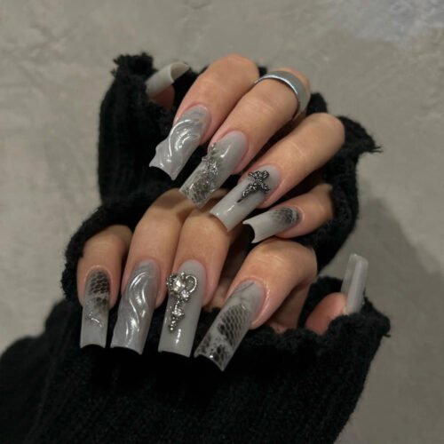 JP3487-Unleash Your Edge: 3D Chrome Heart & Rebel Cross Press-Ons (Insta-Ready in Minutes!)