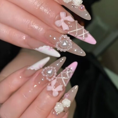 SP172-Versailles Bloom: White French Tips with Camellia Flowers & Pearl Accents - Effortlessly Elegant ✨