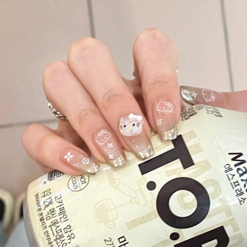 SP168-Silvery Sparkle Magic: Cat Eye French Tips With Hello Kitty Charm - Instantly Glam ✨