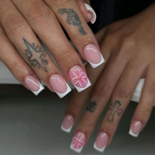 JP3513-Petite Floral Bliss: Reusable Blush French Nails with 3D Pearl Blossoms