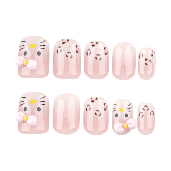 JP4011-Kawaii French Tips: Cat & Leopard Print Fake Nails for Effortless Style