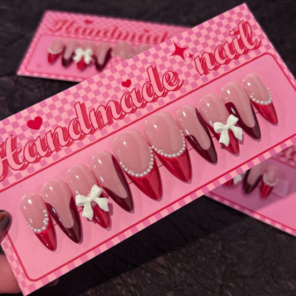 O1CN01nb4hyE2NGHv0Nkecn_!!4234819935-0-cib SP177-Red Velvet Romance: French Tip Almond Nails with 3D Bow Charm - Reusable Luxury at Home 💅