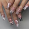 JP3429-Instant Sweet Elegance: 3D Bow French Press-On Nails w/Silver Tips (Pink Perfection!) 🎀💗