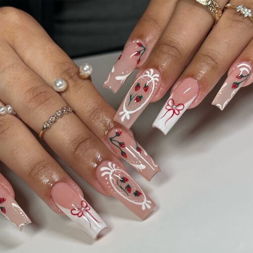 JP3534-Strawberry Dream: Pink French Tips with Pearl Accents & Bow Charm - Sweetly Sophisticated 💕