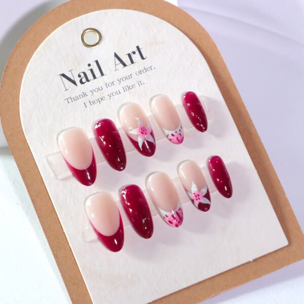 JL0666-​Luxury Bordeaux French Almond Press On Nails | 3D Velvet Rose Designs | Reusable Waterproof False Nail Kit​