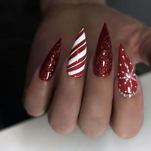 JP3461-Instant Holiday Glam: Christmas Press-On Nails w/ Candy Stripes & Snowflakes (Reusable & Salon-Quality!)