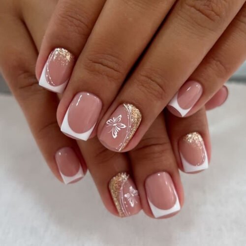 JP3923-Elegant Short Square Press On Nails | French White Tip Design with Gold Glitter Butterflies | Reusable Waterproof Salon Falsies​