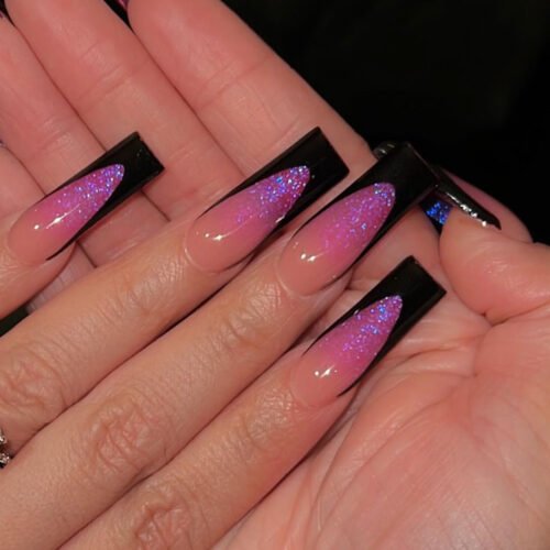 JP3548-Noir Glam: Matte Black French Press Ons with Blood Red Glitter Fade