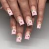 JP3878-French Tip Medium Square Fake Nails: Reusable Falsies with Pink 3D Floral Designs - Waterproof Press On Manicure Alternative for Instant Salon Style