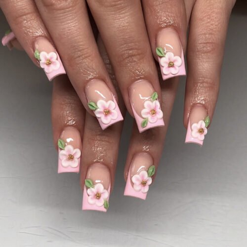 JP3878-French Tip Medium Square Fake Nails: Reusable Falsies with Pink 3D Floral Designs - Waterproof Press On Manicure Alternative for Instant Salon Style