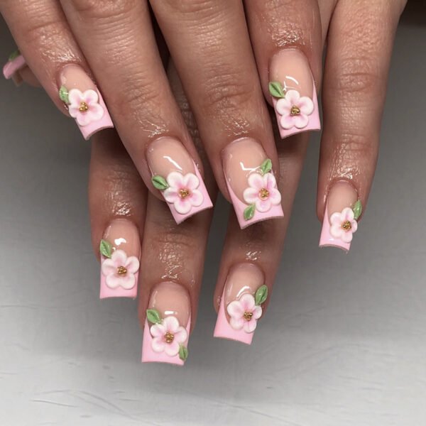 O1CN01wcfEci2NGHziT0yo2_!!4234819935-0-cib JP3878-French Tip Medium Square Fake Nails: Reusable Falsies with Pink 3D Floral Designs - Waterproof Press On Manicure Alternative for Instant Salon Style