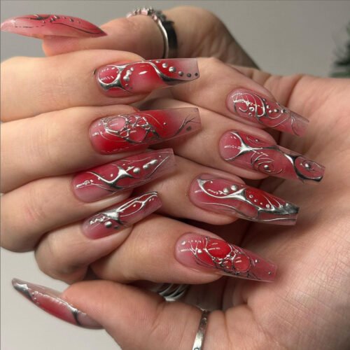 JP3544-Winter’s Muse: Statement French Press-On Nails in Crimson Ombré & Silver Art Deco Stripe