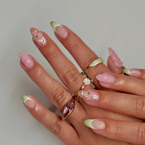 JP3846-​​Luxury Mint French Almond Press On Nails with Real 3D Botanicals | Crystal Accent Reusable Falsies Kit | Waterproof Salon-Grade Manicure Alternative​