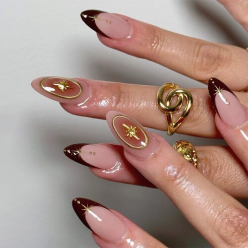 JP4031-Starry Blush Elegance: Reusable 3D French Almond Press On Nails with Sparkly Gems for Instant Salon Manicures at Home