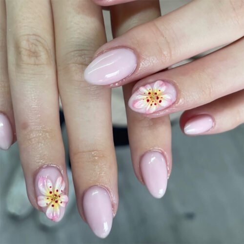 JP4048-French Manicure Press On Nails Short Almond 3D Floral Designs Reusable Waterproof Fake Nails Easy Application Salon Quality DIY Nails